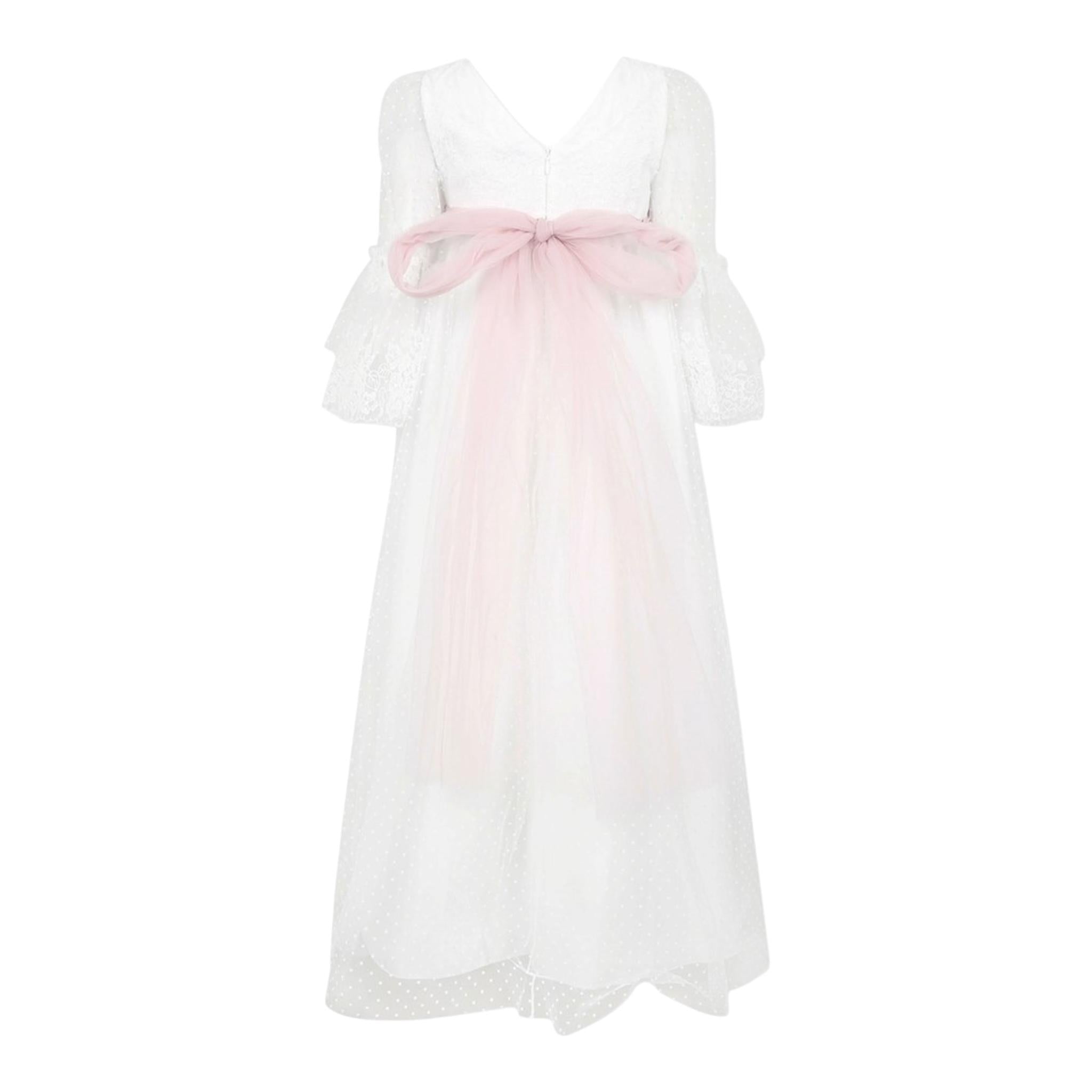 Monnalisa Abito Manica Lunga Velata Tinta Unita con Cinturino per Bambina 71E906 BIANCO MONNALISA 