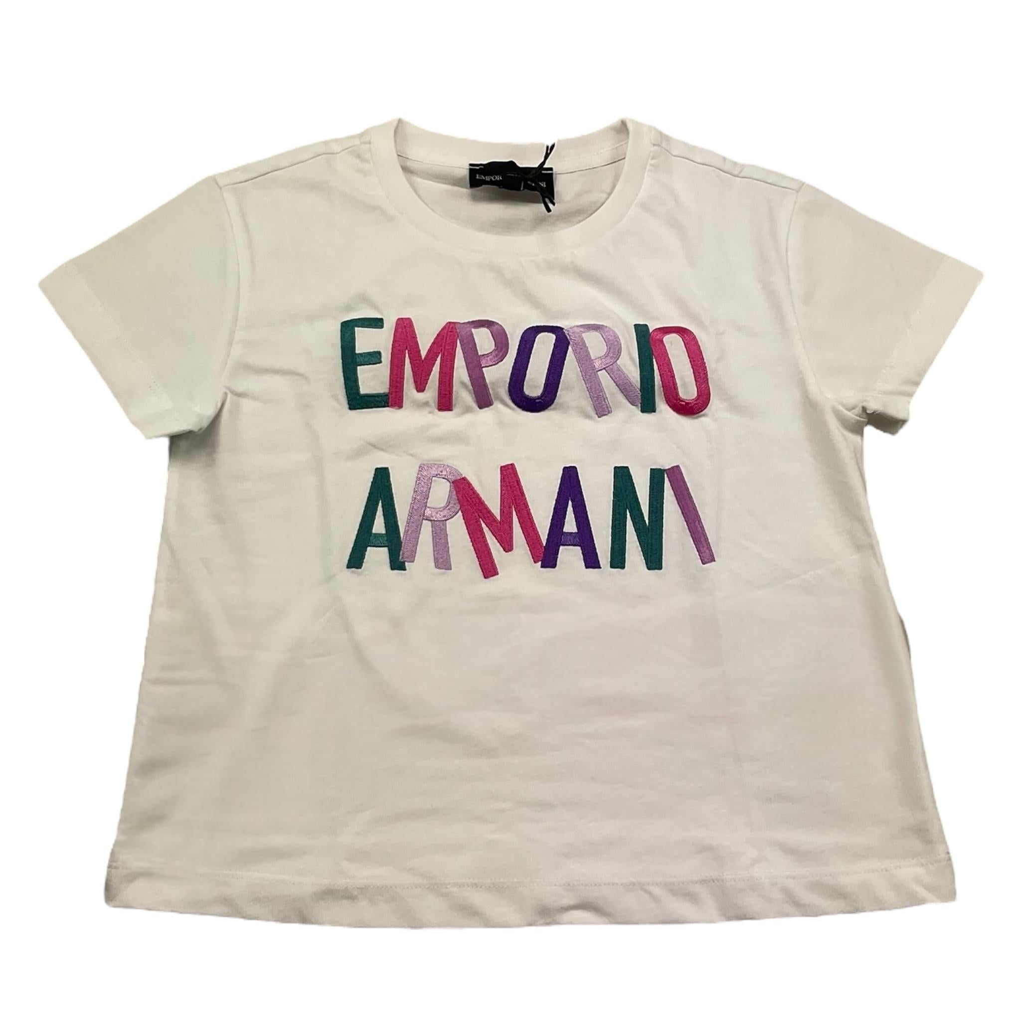 Emporio Armani T-Shirt Girocollo Tinta Unita con Ricami Logo per Bambina 3R3T7U BIANCO EMPORIO ARMANI 
