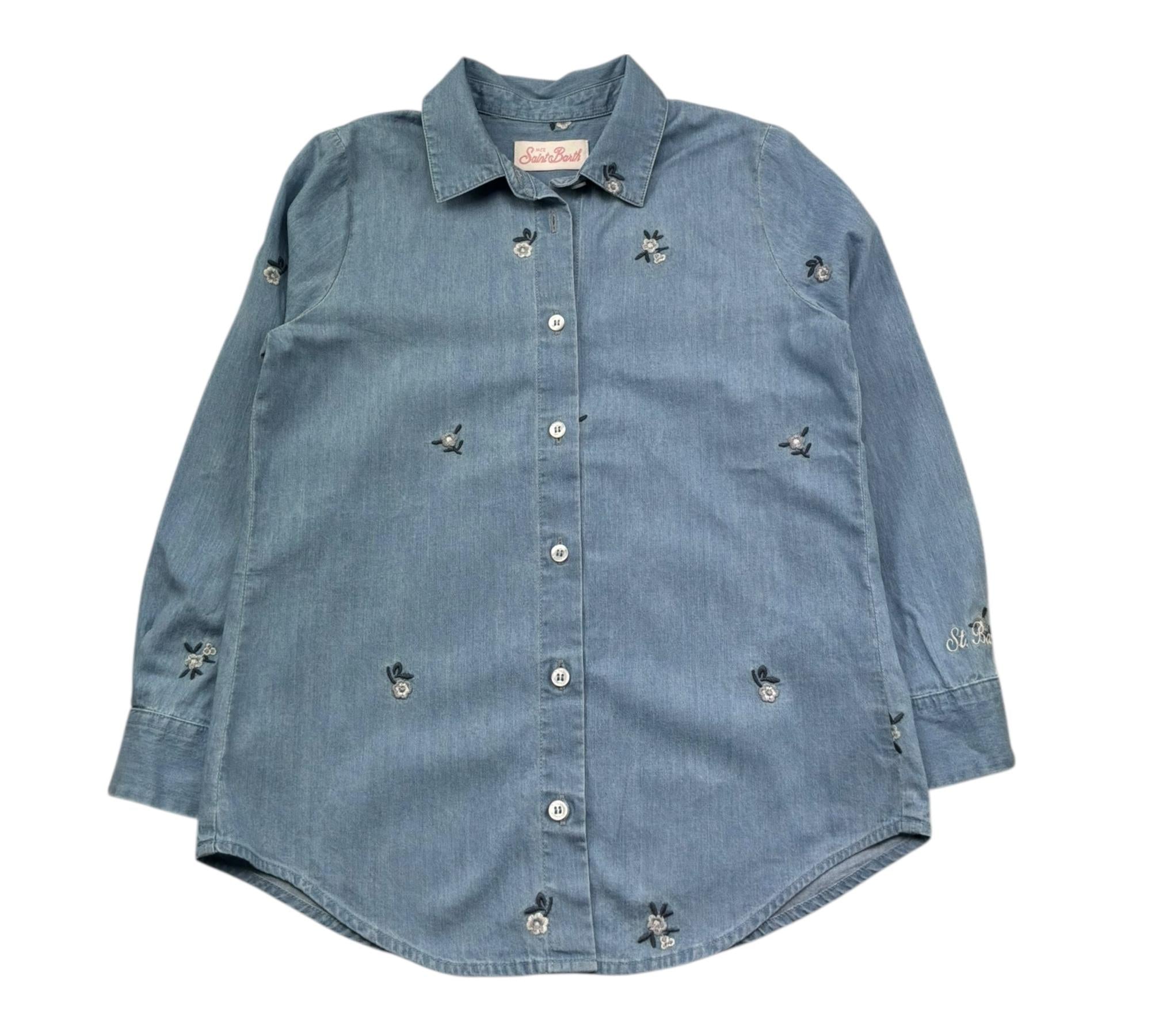 Saint Barth Camicia Manica Lunga Tinta Unita con Ricami per Bambina BRIG AZZURRO SAINT BARTH 