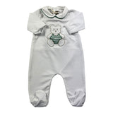 Little Bear Tutina Manica Lunga Tinta Unita Con Stampa Orso Bianco/Verde Per Neonato